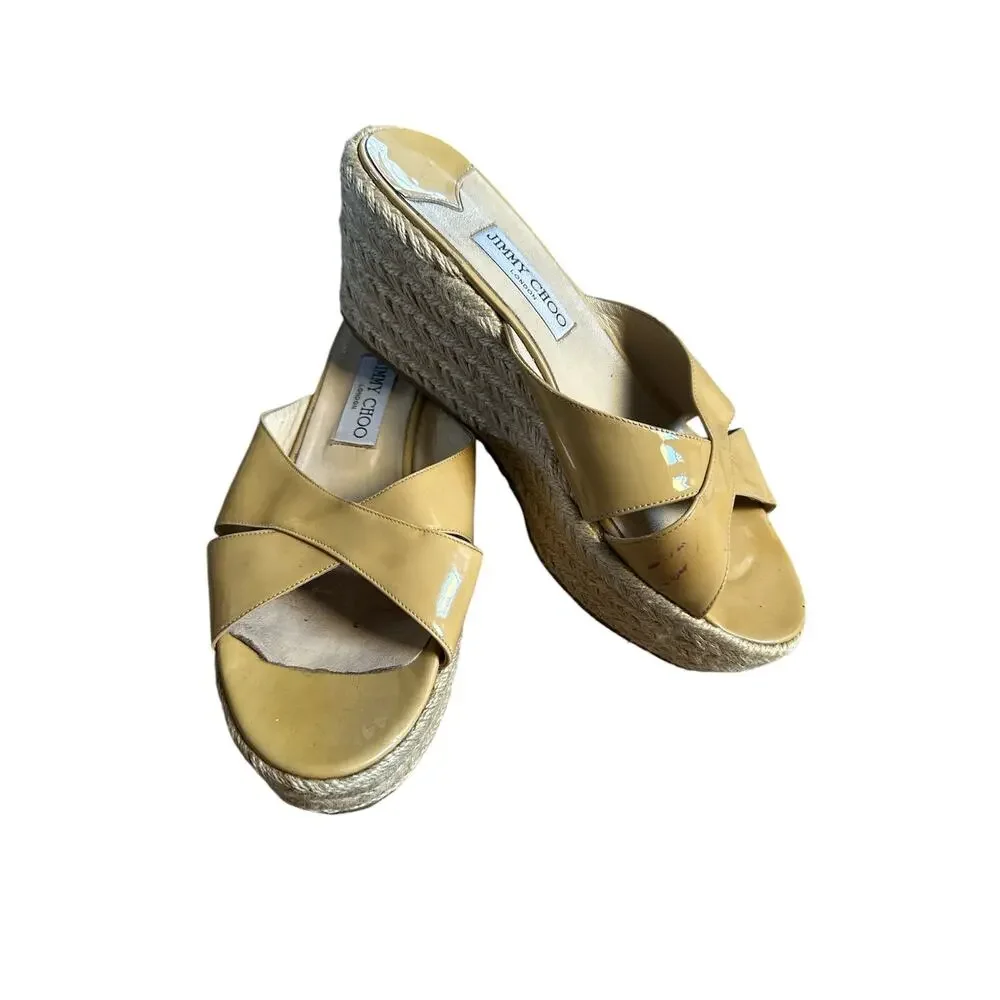 Jimmy Choo Paisley Crisscross Slide Sandal Espadrille Beige Patent Wedge Size 40